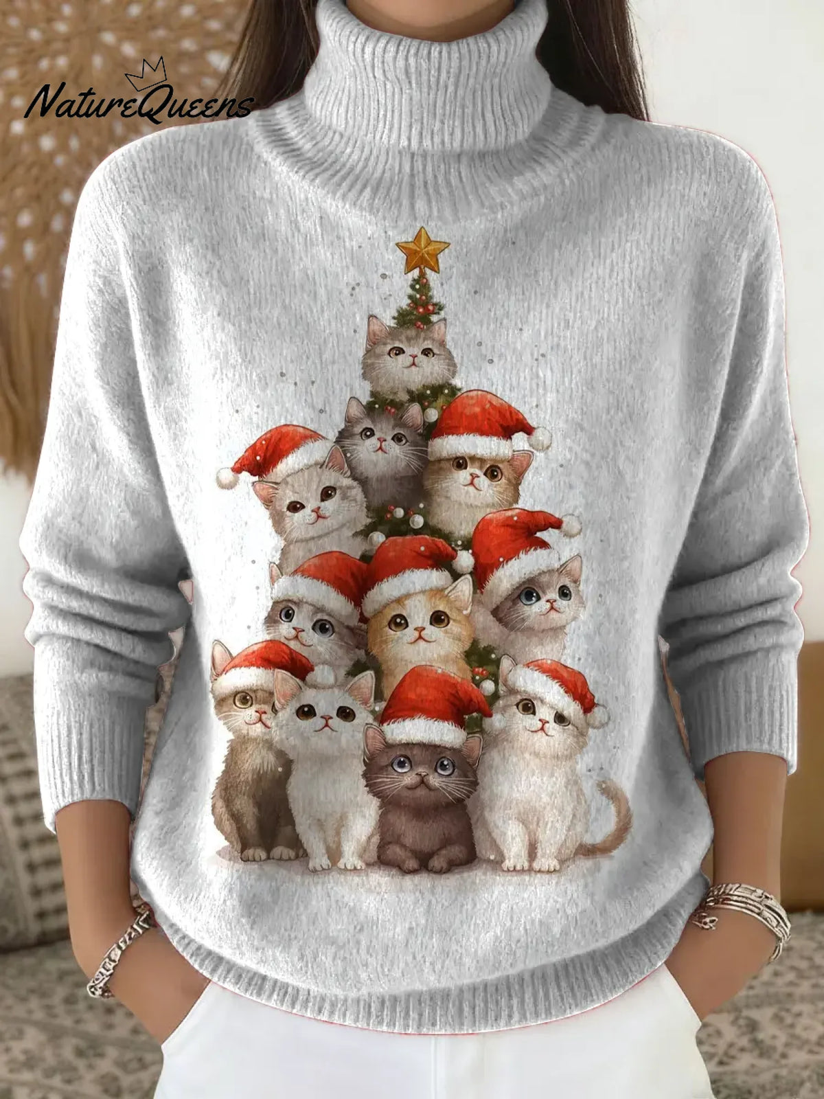 Women's Christmas Cat Casual Printed Turtleneck Sweater