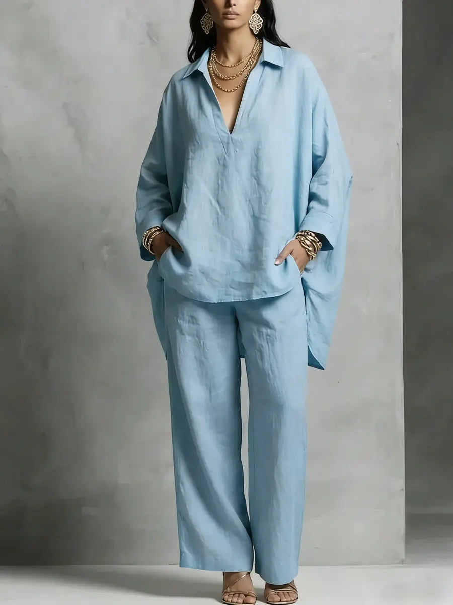 Simple V-neck Cotton And Linen Set