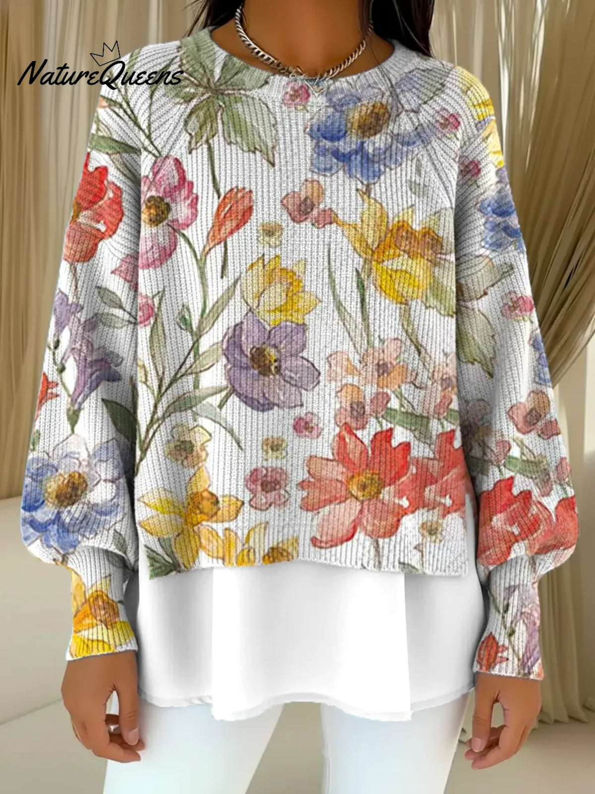 Women's VintageFlowerArt Print Casual Knitted Sweater