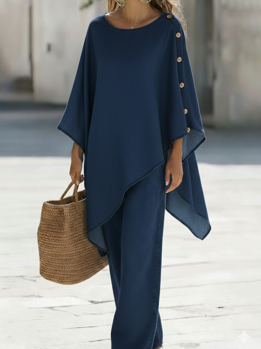 Casual Denim Button-down Top And Wide-leg Pants Two-piece Set