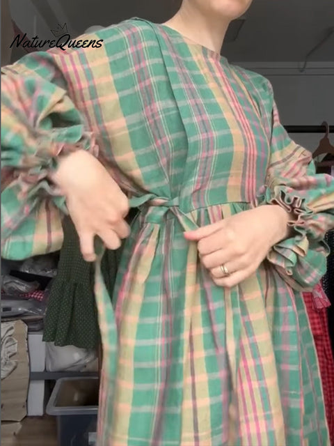Women's Cotton And Linen Plaid Lantern Sleeve Dress