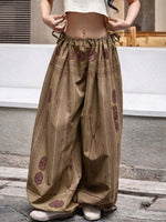 Women's Vintage-print Cotton Wide-leg Pants — Loose-fit Casual Trousers With Elastic Waist