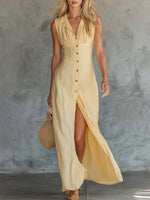 Women's Retro Lapel Light Yellow Cotton-linen Shirt Dress