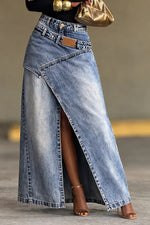 Women's Two-Piece Denim Maxi Skirt With Slit And Side Placket