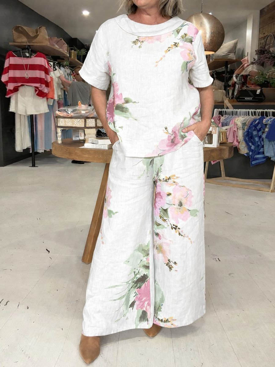 Women's Spring New Arrival Round Neck/peter Pan Collar Two-way Style Short-sleeved Casual Loose Cotton And Linen Pants Set