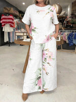 Women's Spring New Arrival Round Neck/peter Pan Collar Two-way Style Short-sleeved Casual Loose Cotton And Linen Pants Set