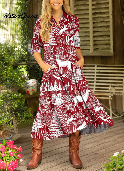 Women's Christmas Animals Pattern Art Print Casual Cotton Dress