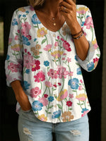 Women's Floral Pattern Art Print Casual Cotton Shirt