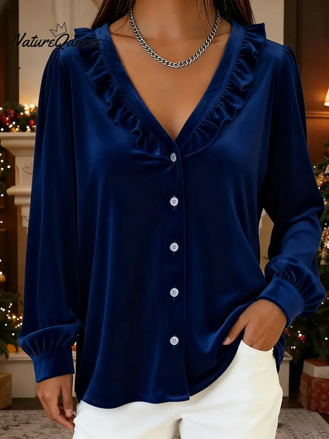 Women's Elegant Velvet V-neck Ruffled Shirt