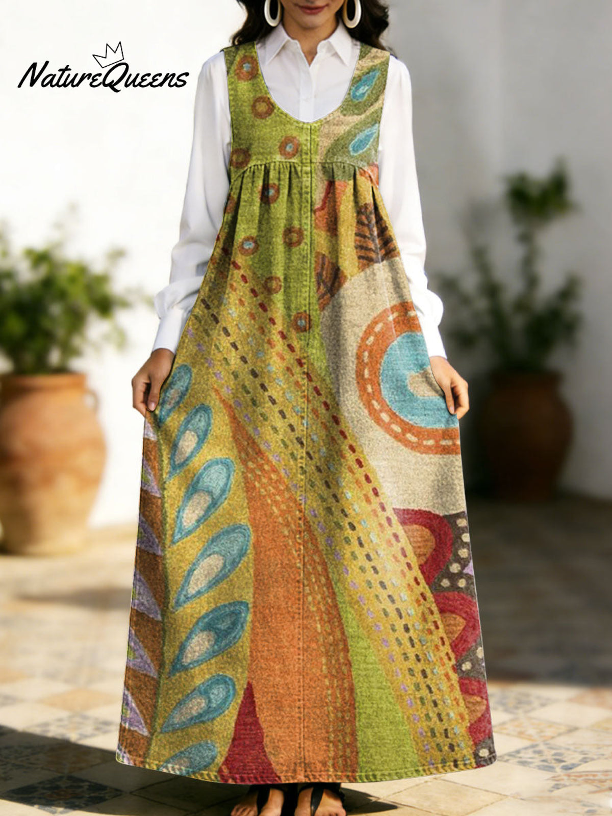 Women's Retro Splicing Colorful Flowers Pattern Art Print Casual Cotton Denim Dress