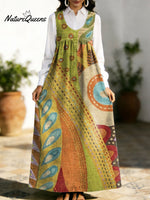 Women's Retro Splicing Colorful Flowers Pattern Art Print Casual Cotton Denim Dress