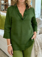 Women's Solid Color V-neck 3/4 Sleeve Casual Loose Cotton And Linen Top