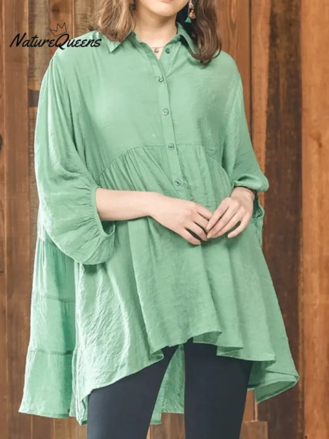 Women's Solid Color Lapel Long-sleeved Casual Loose Cotton Shirt