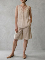 Women's Solid-color V-neck Sleeveless Loose-fit Cotton-linen Top & High-waisted Wide-leg Shorts Set
