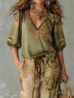 Bohemian Retro Vacation-style Printed V-neck Shirt