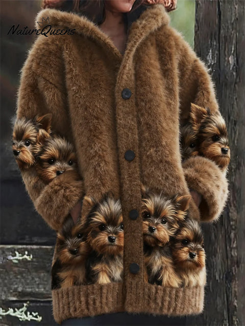 Women's Funny Dogs Pattern Art Print Casual Fleece Coat