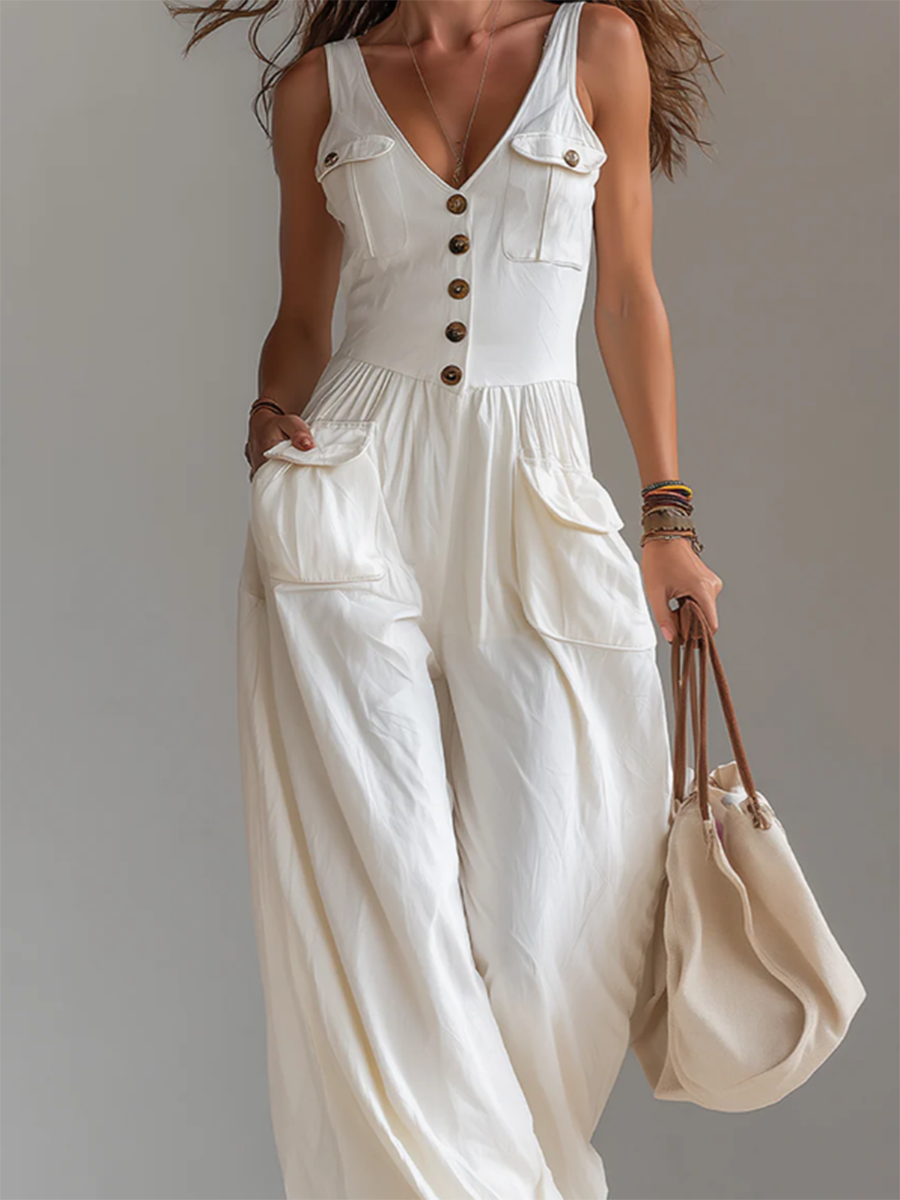 Casual V-neck Button-front Jumpsuit