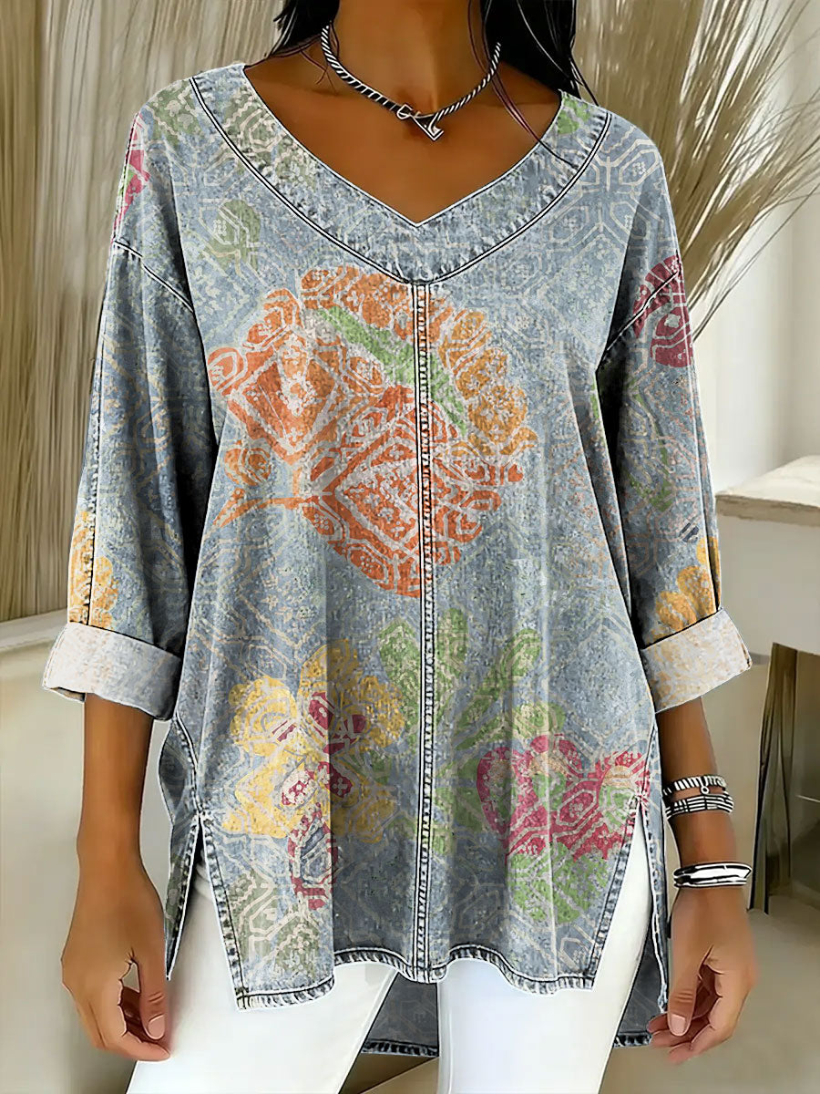 Women's Retro Gradient Flowers Floral Art Patterns Casual Washed Denim Cotton Top