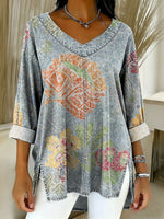 Women's Retro Gradient Flowers Floral Art Patterns Casual Washed Denim Cotton Top