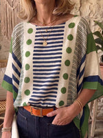 Women's Geometric Print Crew Neck 3/4 Sleeve Loose-fit Casual Cotton-linen Top
