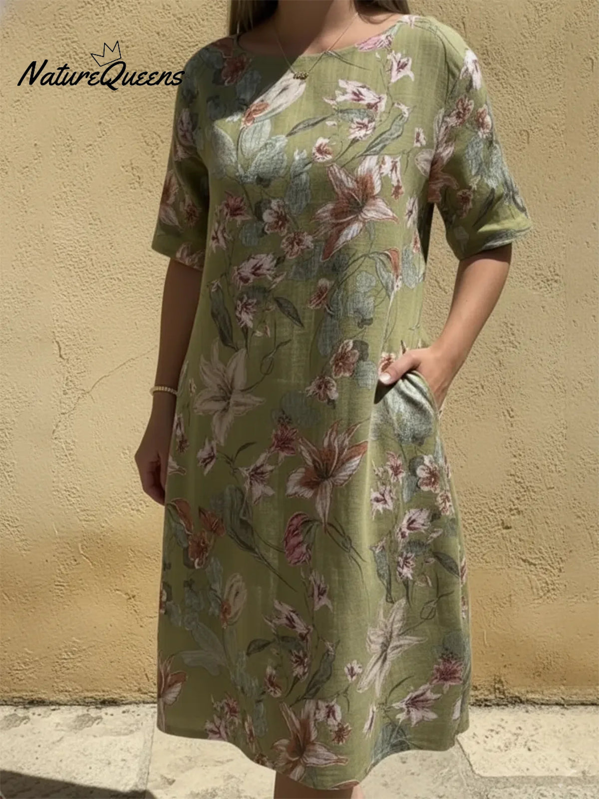 Lily Flower Print Round Neck A-line Dress