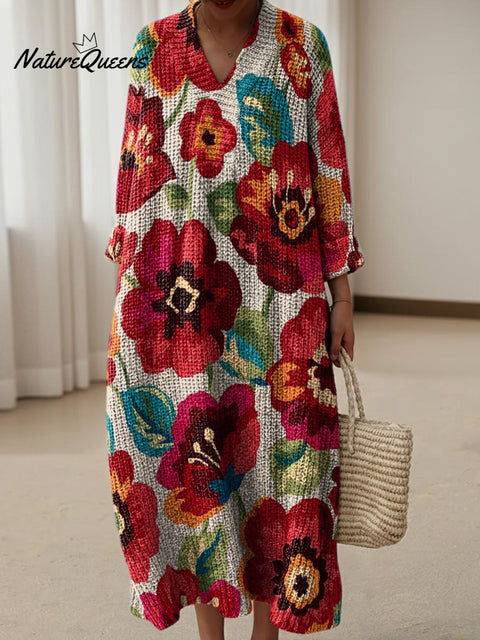 Bright And Large Floral Decorative Pattern Women's V-collar Long Sleeve Dress