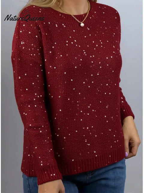 Women's Round Neck Shiny Knit Sweater