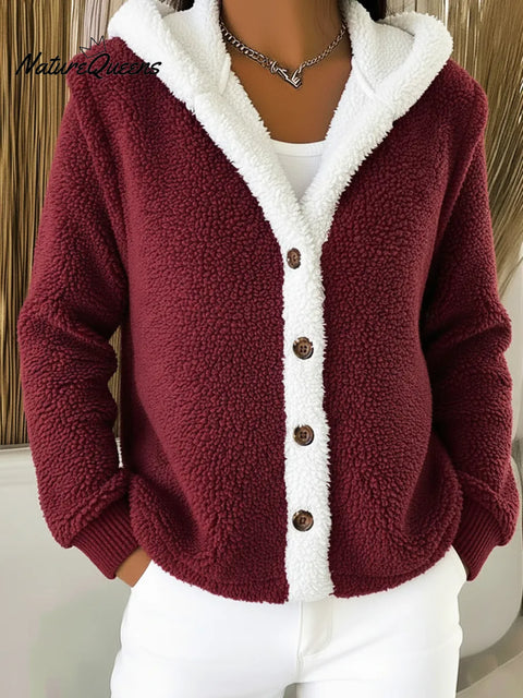 Casual Lambswool Warm Colorblock Hooded Button Jacket