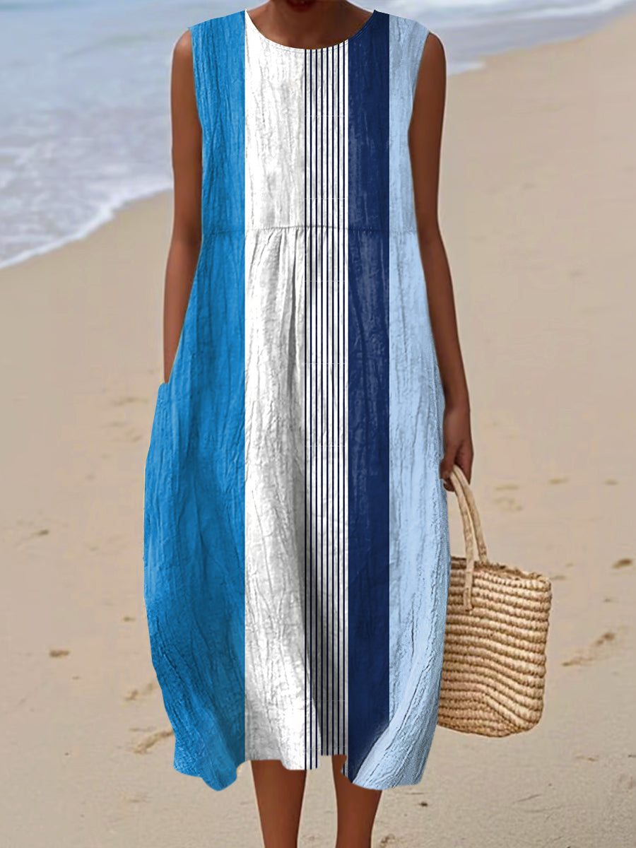 Women's Vintage Geometry Art Print Sleeveless Cotton Pocket Wrap Dress