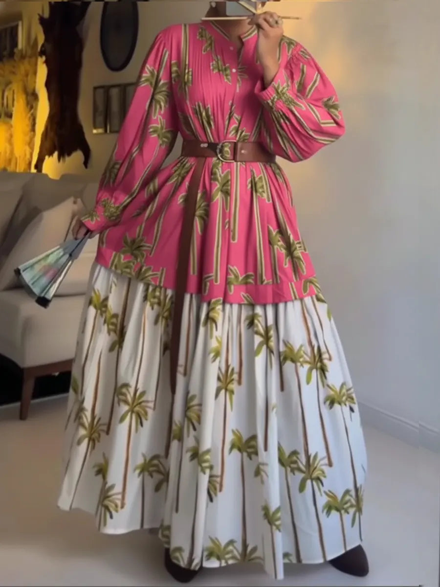 Women's Palm Tree Print Resort-style Patchwork Cotton Dress