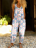 Women's Vintage Print Casual Cotton Vest Denim Jumpsuit