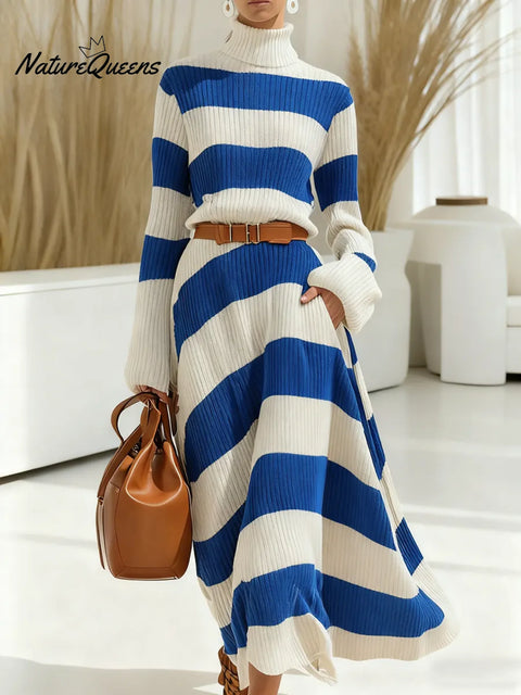 Women's Color-blocked Striped Turtleneck Long-sleeved Casual Loose Knit Dress