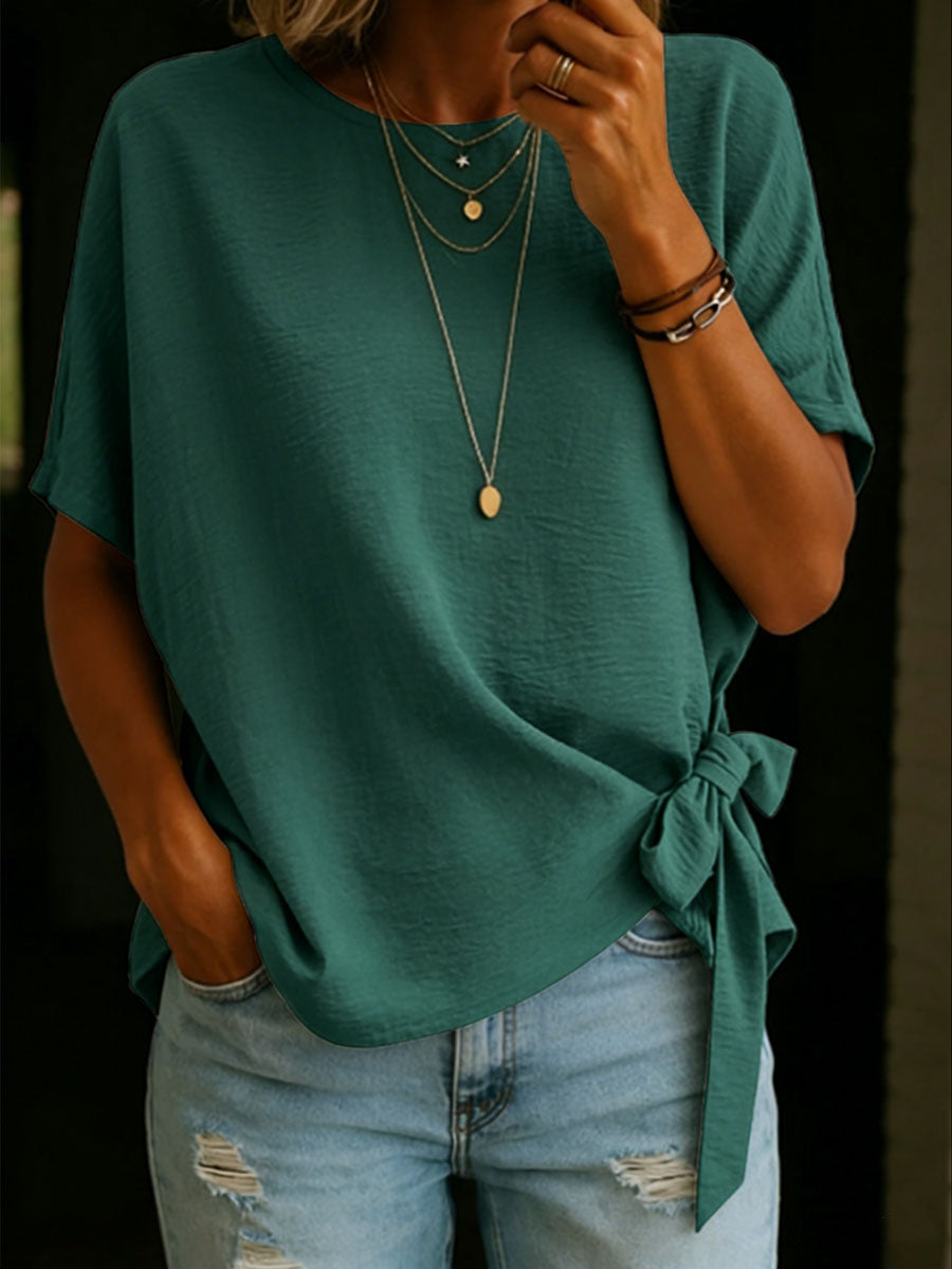 Women's Solid Color Round Neck Short-sleeved Tie-front Linen Cotton Shirt