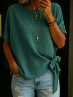 Women's Solid Color Round Neck Short-sleeved Tie-front Linen Cotton Shirt