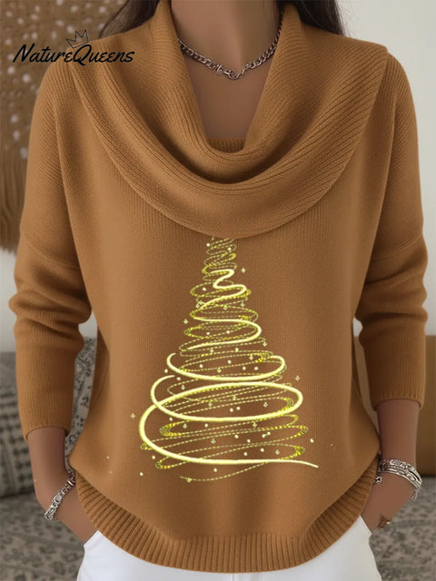Women's Christmas Tree Art Print Cowl Neck Sweater