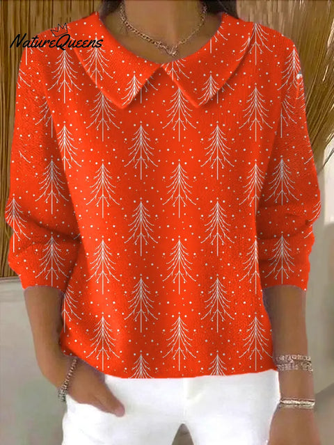 Women's Christmas Tree Print Casual Peter Pan Collar 3/4 Sleeve Sweater
