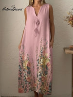 Casual Artistic Bouquet Print Linen Dress