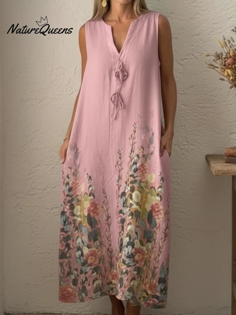 Casual Artistic Bouquet Print Linen Dress