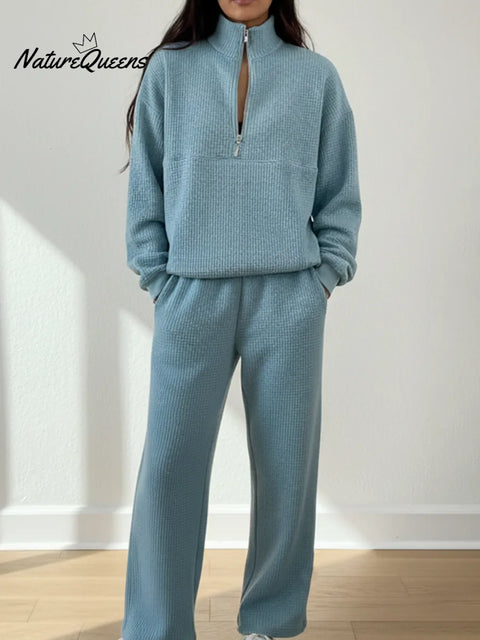 Casual Travel Stand-up Collar Zip-up Waffle Sweatshirt And Pants Set