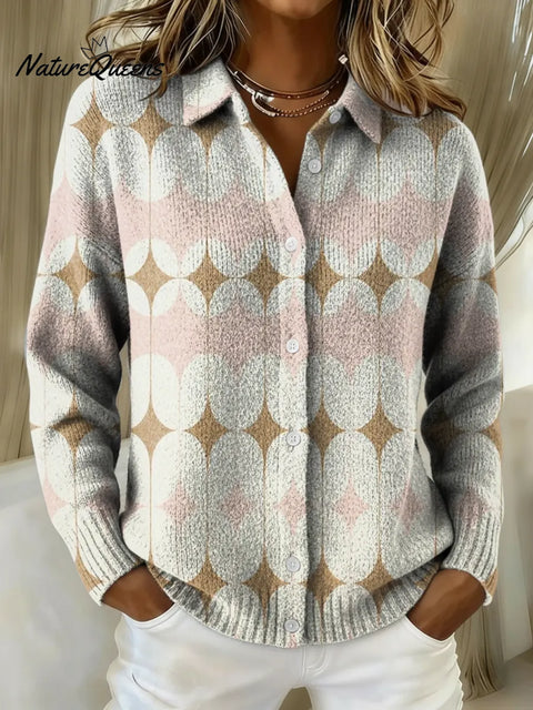 Women's Geometric Pink Pattern Printed Collared Sweater