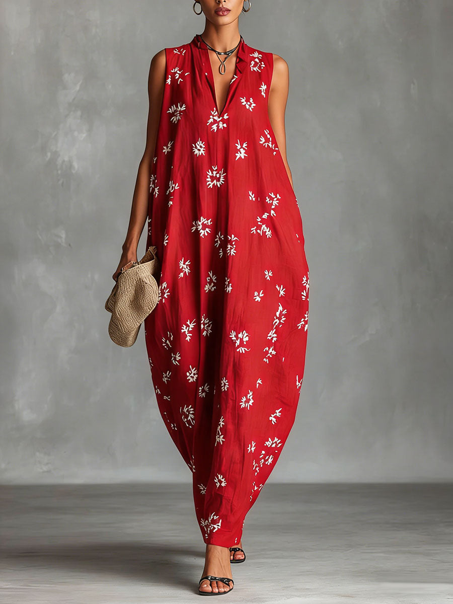 Women's V-neck Sleeveless Casual Loose Cotton Linen Dress