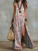 Bohemian Retro Floral Halter-neck Maxi Dress With Slit — Vacation-style Cotton-linen Printed Dress