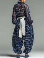 Women's Polka Dot Print V-neck Long-sleeve Loose Chiffon Top & High-waisted Wide-leg Pants Set