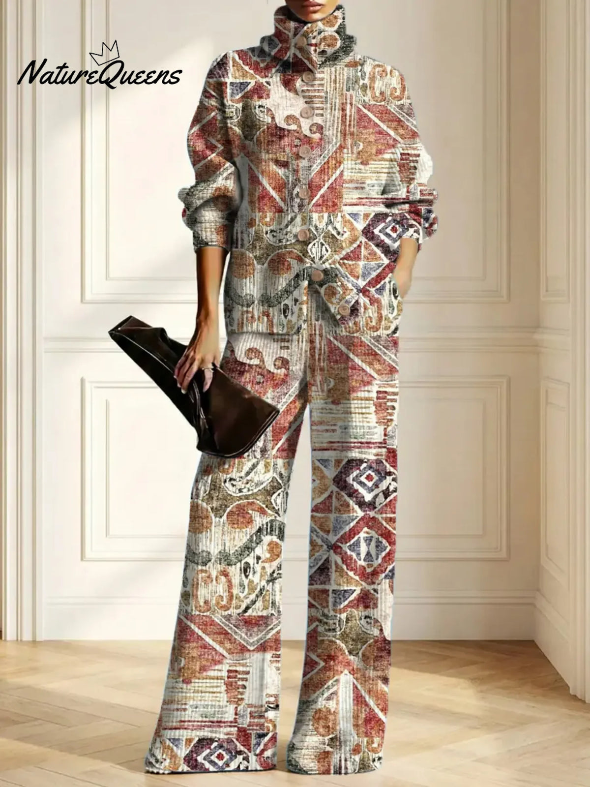 Women's Vintage Pattern Art Print Casual Cotton Knitted Suits