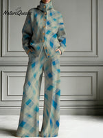 Distorted Plaid Decorative Pattern Casual Stand Collar Long Sleeve Top And Elastic Waistband Pants