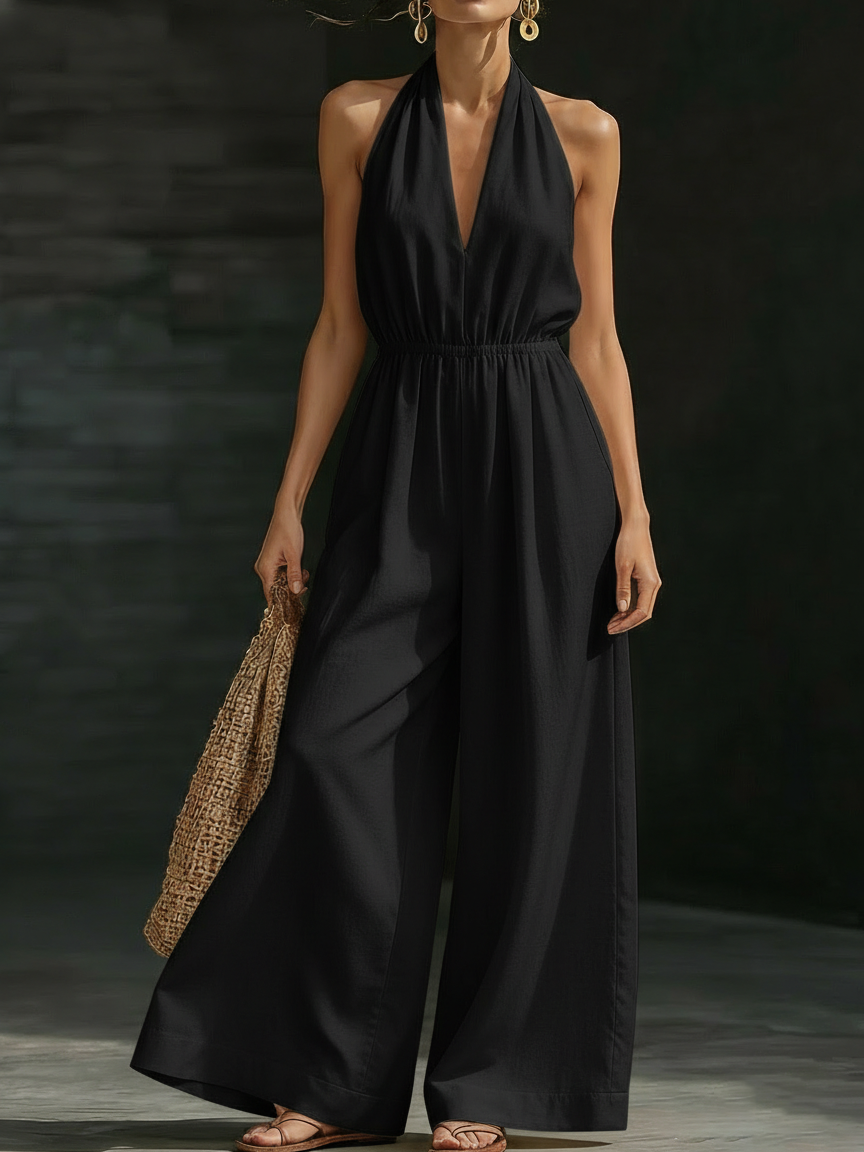 Minimalist And Elegant Halter-neck Wide-leg Linen Jumpsuit