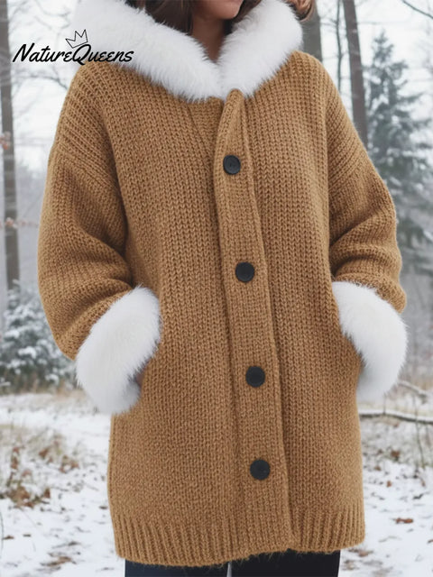 Cozy Fur-collar Patchwork Knit Button-down Coat