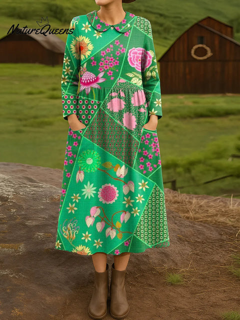 Women's Ethnic Floral Art Print Cotton Lapel Button-Down Shirt Dress