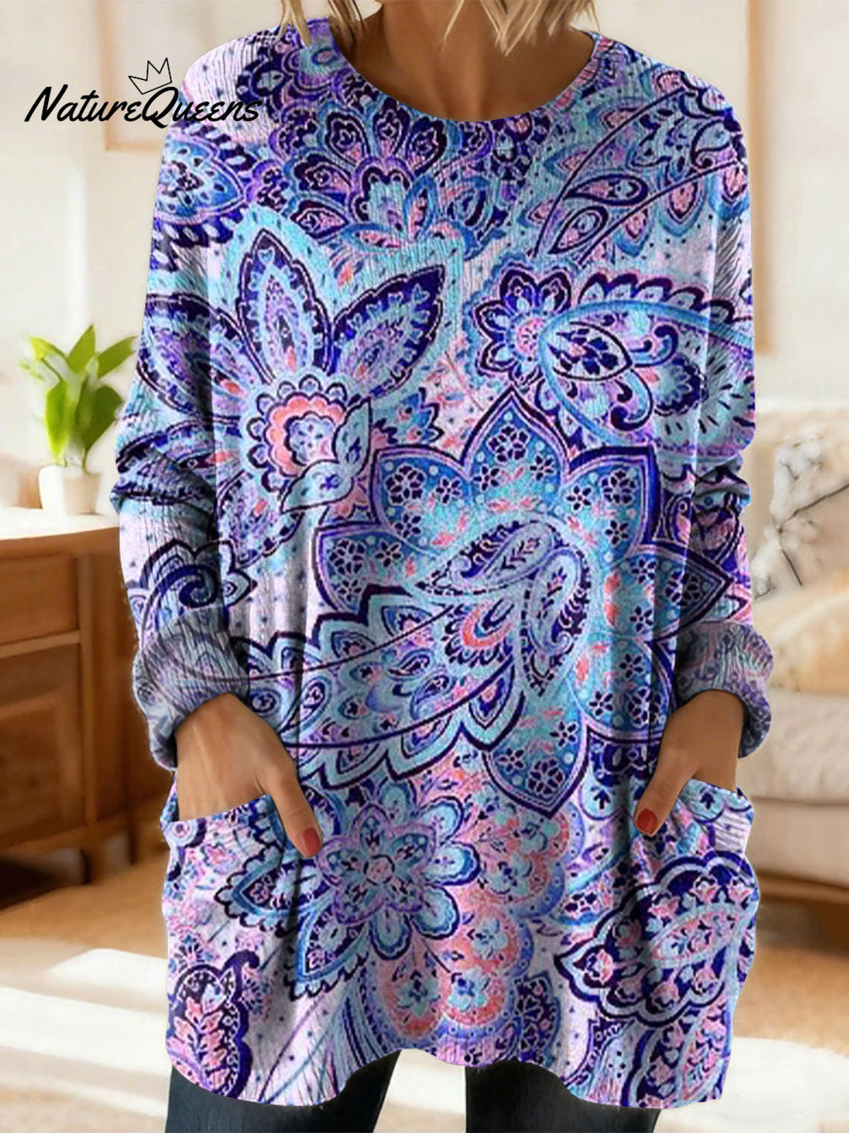 Women's Retro Floral Flower Ethnic Art Print Casual Cotton Knitted Sweater