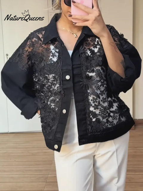 Women's Casual Lace-Patch Denim Jacket